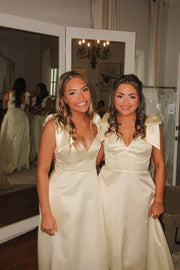 Sweetheart Bow Straps A-Line Satin Long Bridesmaid Dress