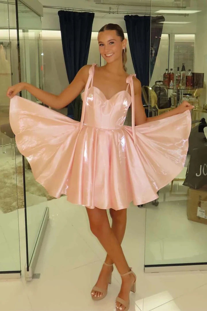 Sweetheart Bow Straps Satin A-Line Mini Homecoming Dress Sweetheart Bow Straps Satin A-Line Mini Homecoming Dress