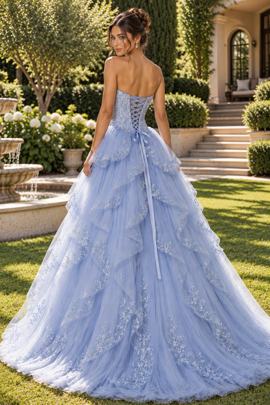 Sweetheart Corset Lace Appliques Tiered Tulle A-Line Party Prom Dress