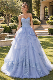 Sweetheart Corset Lace Appliques Tiered Tulle A-Line Party Prom Dress