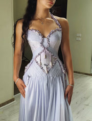 Sweetheart Halter Beaded Appliques Pleated Chiffon Split Party Prom Dress