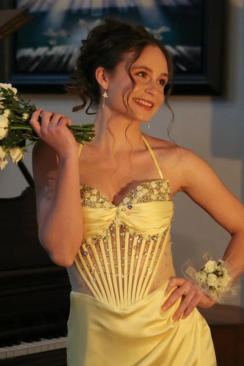 Sweetheart Halter Sheer Empire Mermaid Satin Prom Dress With Slit