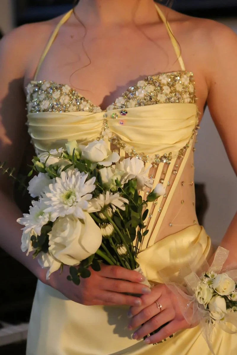 Sweetheart Halter Sheer Empire Mermaid Satin Prom Dress With Slit