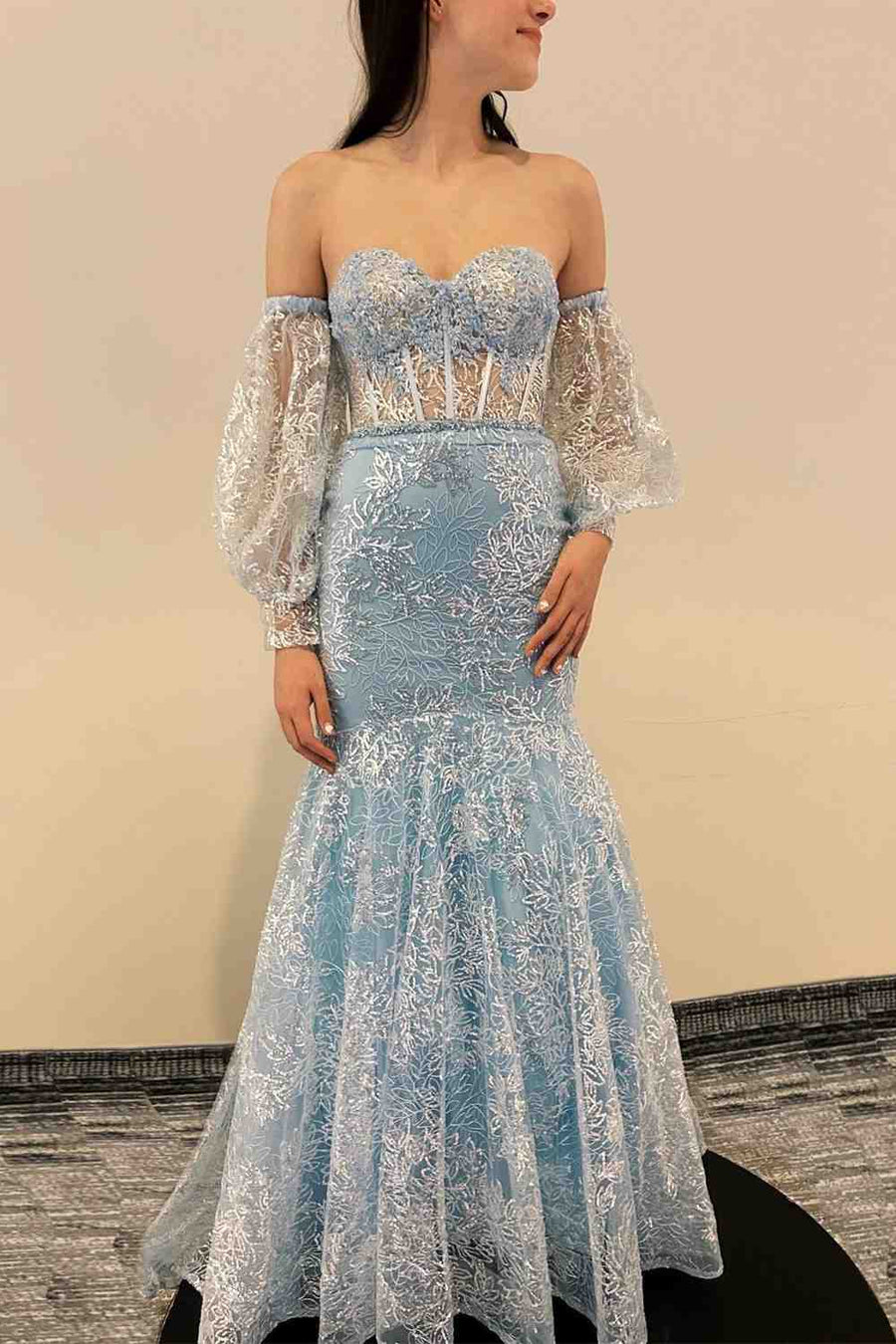 Sweetheart Long Sleeves Mermaid Sparkly Tulle Appliques Party Prom Dress
