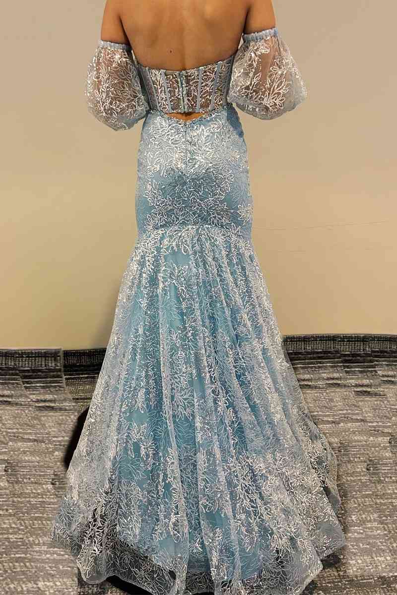 Sweetheart Long Sleeves Mermaid Sparkly Tulle Appliques Party Prom Dress