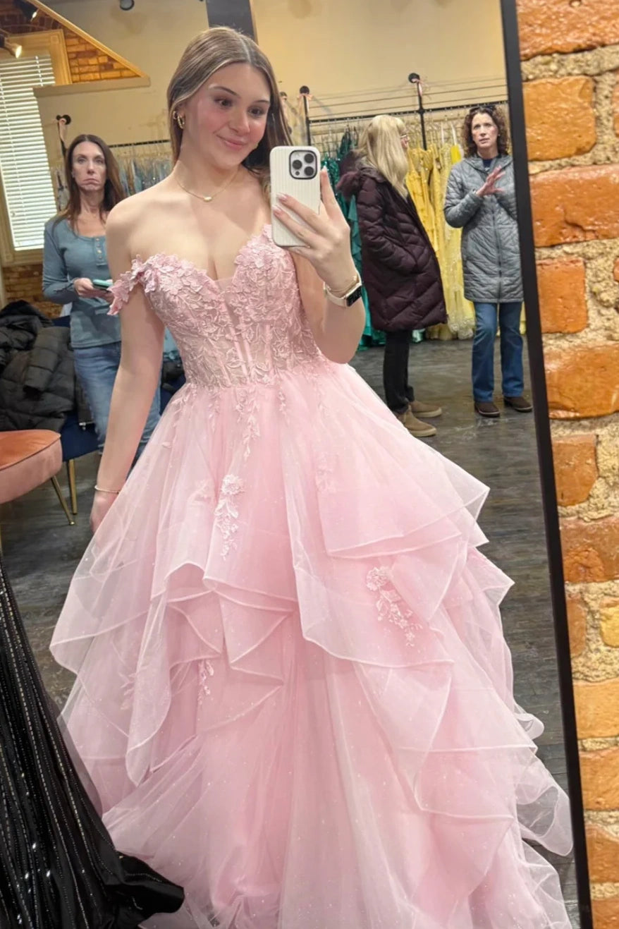 Sweetheart Off-Shoulder Lace Appliques Tiered Tulle A-Line Prom Dress