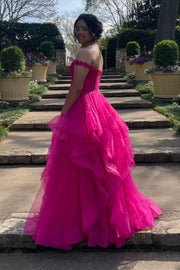 Sweetheart Off-Shoulder Lace Appliques Tiered Tulle A-Line Prom Dress