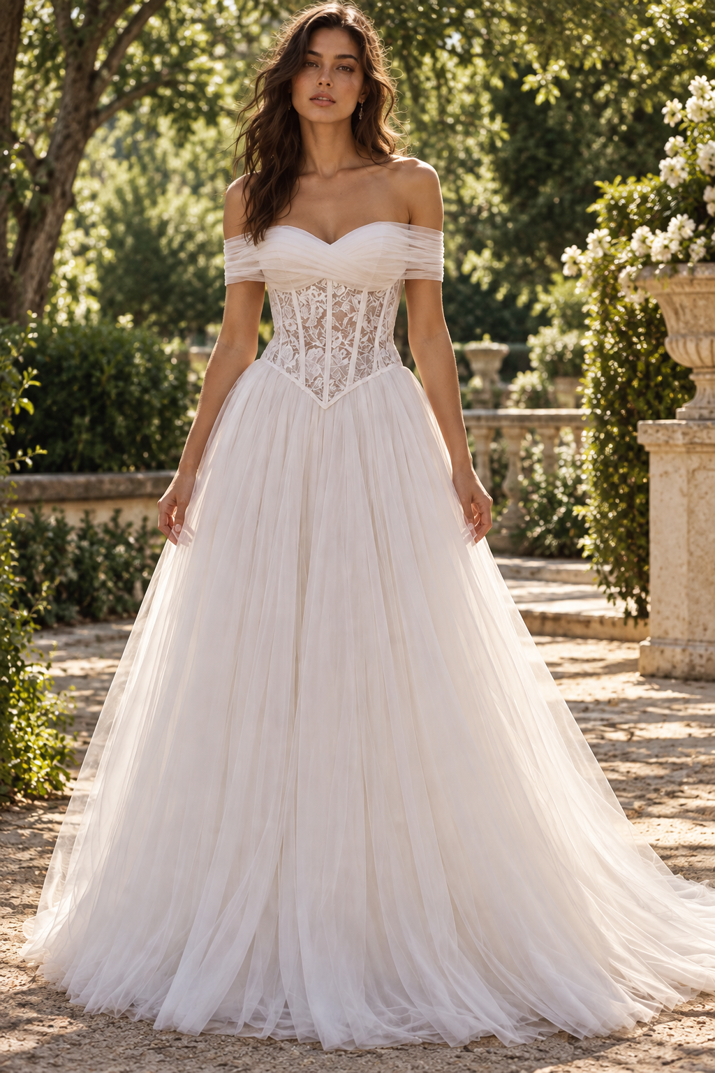 Sweetheart Off-Shoulder Lace Appliques Tulle A-Line Beach Wedding Dress