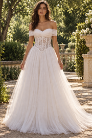 Sweetheart Off-Shoulder Lace Appliques Tulle A-Line Beach Wedding Dress