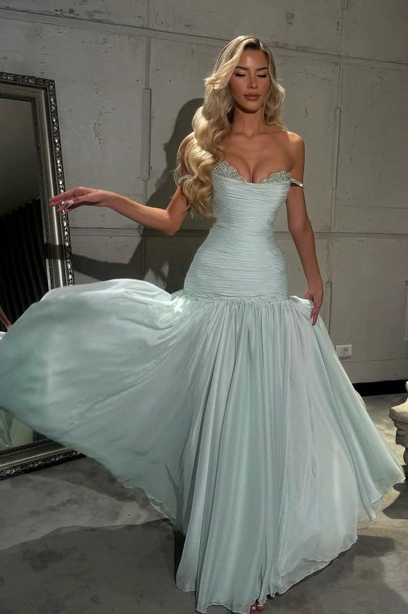 Sweetheart Off-Shoulder Pleated Chiffon A-Line Party Prom Dress
