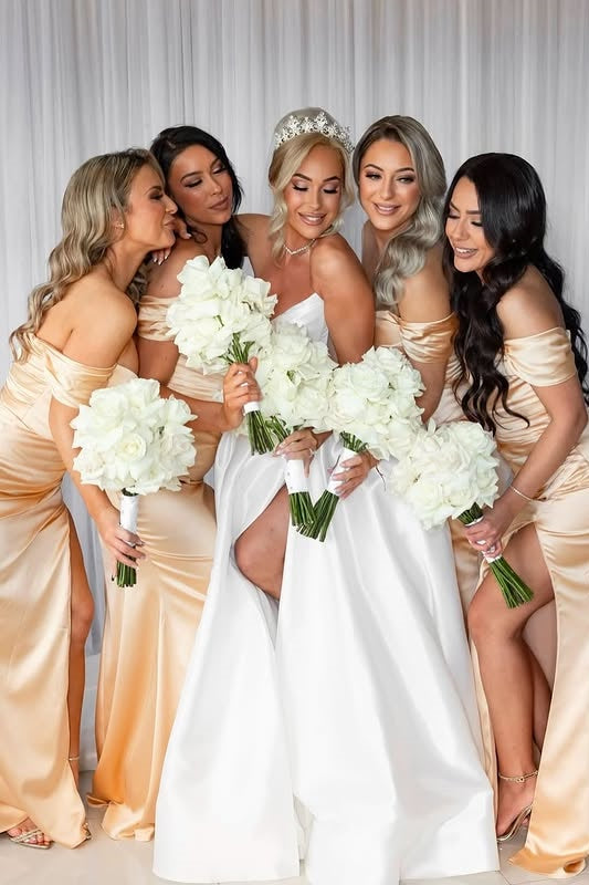 Sweetheart Off-Shoulder Satin Bridesmaid Dress With Slit
