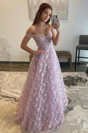 Sweetheart Off-Shoulder Tulle A-Line Appliques Prom Dress