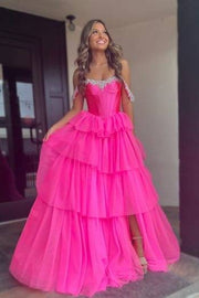 Sweetheart Off-Shoulder Tulle A-Line Beaded Tiered Prom Dress