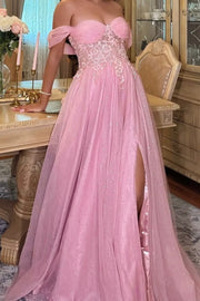 Sweetheart Off-Shoulder Tulle A-Line Lace Appliques Prom Party Dress
