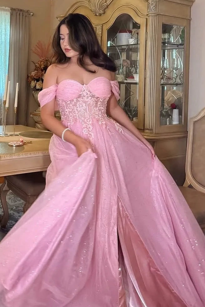 Sweetheart Off-Shoulder Tulle A-Line Lace Appliques Prom Party Dress