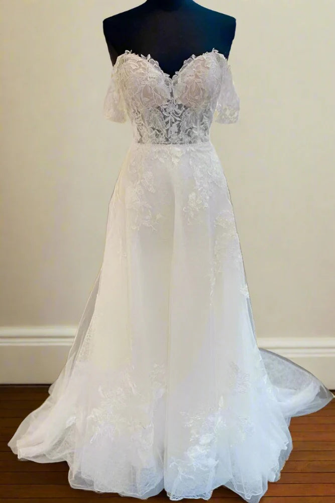 Sweetheart Off-Shoulder Tulle A-Line Sheer Appliques Long Wedding Dress