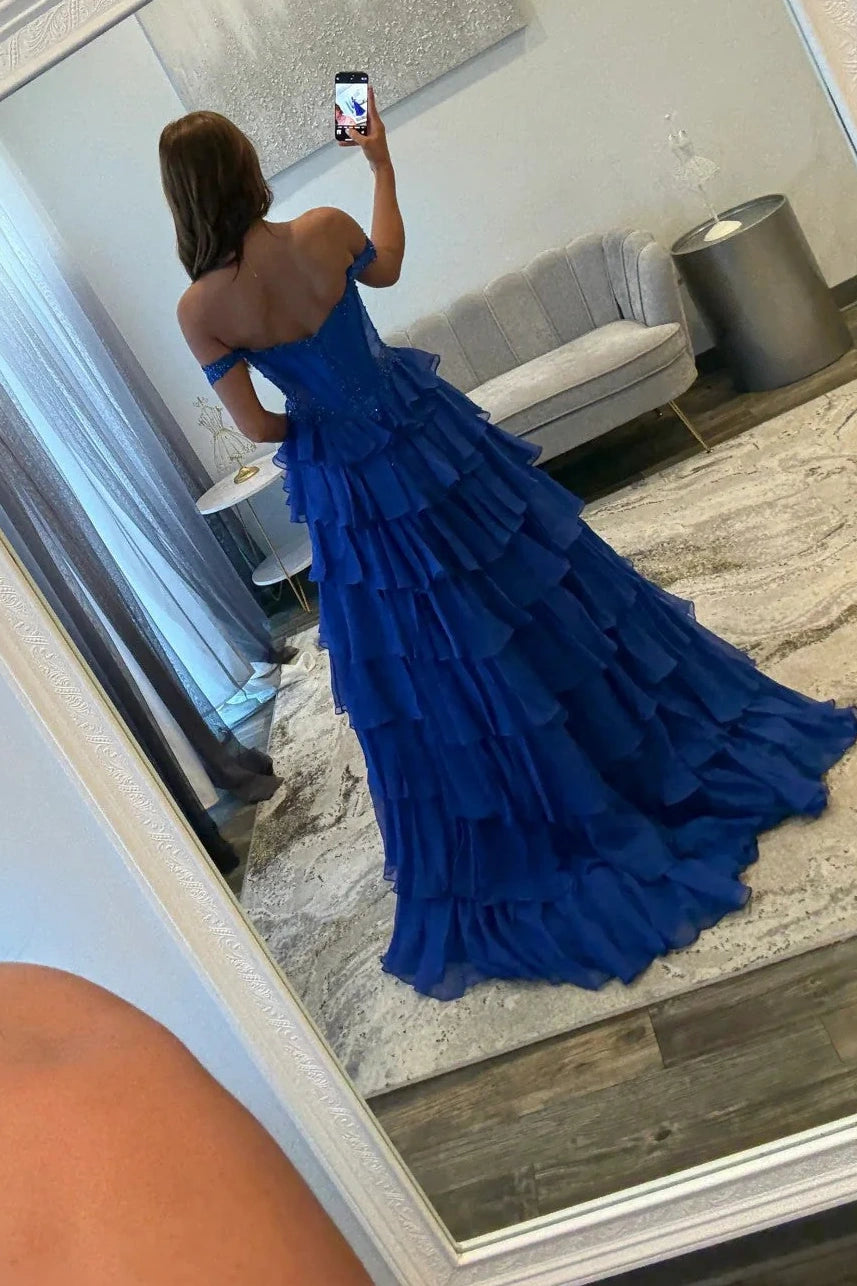 Sweetheart Off-Shoulder Two Tone Tiered A-Line Party Prom Dress