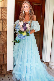 Sweetheart Puff Sleeves Empire Tulle A-Line With Train Prom Dress