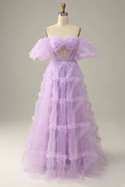 Sweetheart Puff Sleeves Empire Tulle A-Line With Train Prom Dress