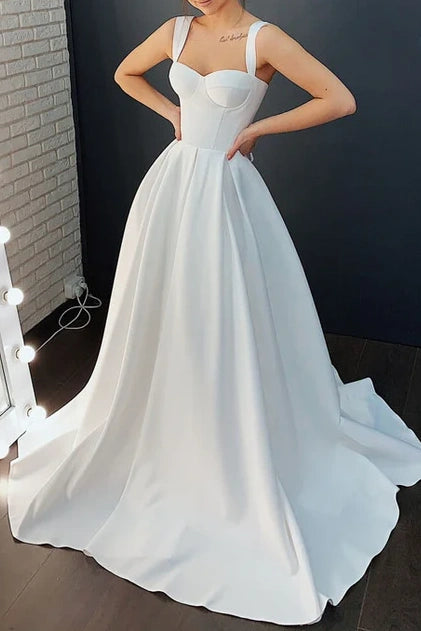 Sweetheart Spaghetti Straps Satin A-Line With Train Wedding Dress