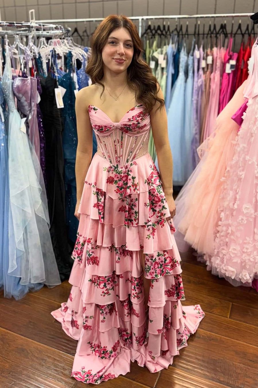 Sweetheart Sheer Empire A-Line Tiered Floral Prom Party Dress