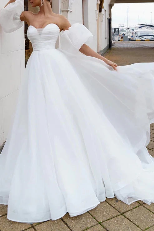 wedding dress short train A Line Sweetheart White Hall Casual Wedding Dress Simple Bridal Gowns, Diamond White / UK 6
