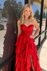 Sweetheart Sleeveless A-Line Lace Top Party Prom Dress With Slit