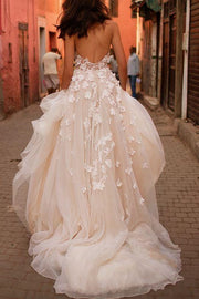 Sweetheart Sleeveless Backless Florals Tulle A-Line Wedding Dress