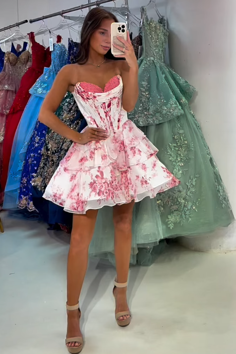Sweetheart Sleeveless Empire A-Line Chiffon Floral Homecoming Dress