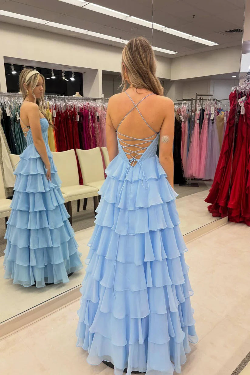 Sweetheart Sleeveless Lace-Up Chiffon A-Line Tiered Party Prom Dress