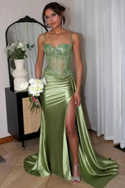 Sweetheart Sleeveless Lace Appliques Mermaid Party Prom Dress With Slit 