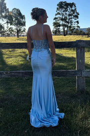 Sweetheart Sleeveless Lace Appliques Mermaid Satin Party Prom Dress