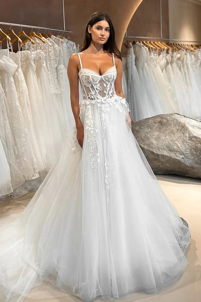 Sweetheart Sleeveless Tulle A-Line Lace Appliques Wedding Dress White / US 10 Sweetheart Sleeveless Tulle A-Line Lace Appliques Wedding Dress White / US 10