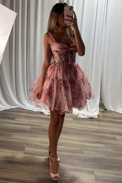 Sweetheart Soaghetti Straps Chiffon A-Line Floral Homecoming Dress