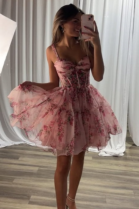Sweetheart Soaghetti Straps Chiffon A-Line Floral Homecoming Dress