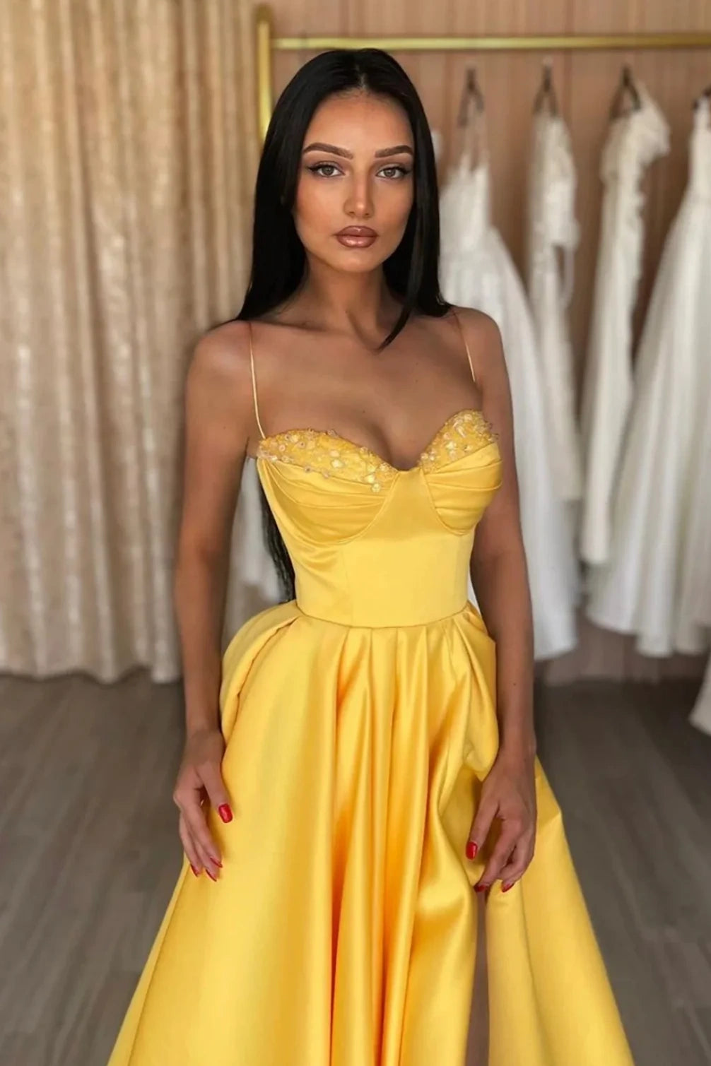 Sweetheart Spaghetti Straps A-Line Satin Party Prom Dress With Slit