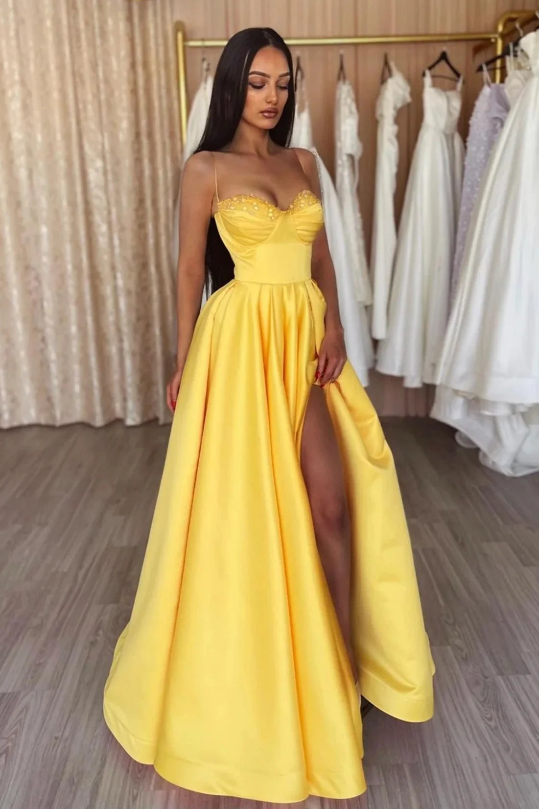 Sweetheart Spaghetti Straps A-Line Satin Party Prom Dress With Slit