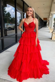 Sweetheart Spaghetti Straps A-Line Tiered Prom Dress