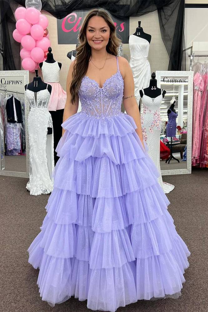 Sweetheart Spaghetti Straps A-Line Tiered Prom Dress