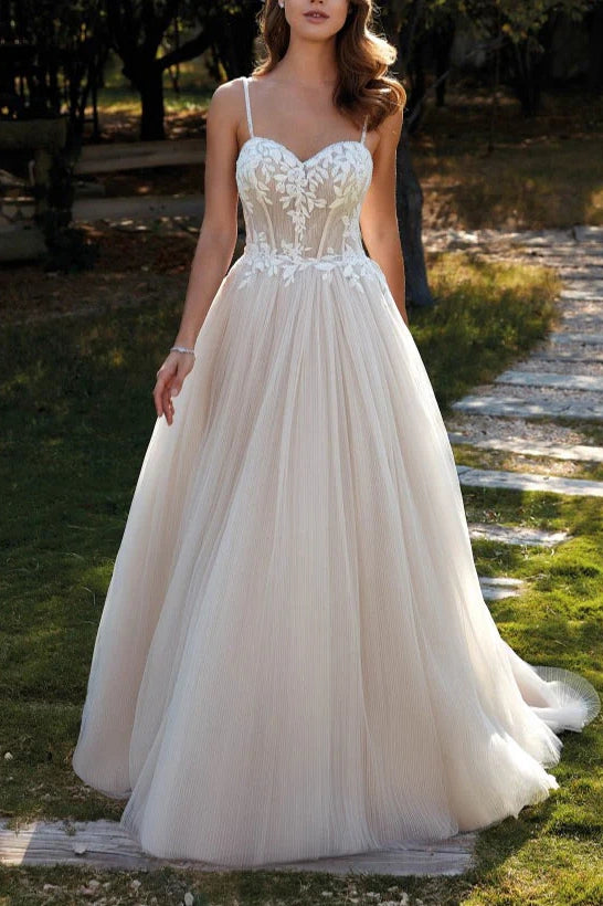 Sweetheart Spaghetti Straps Appliques A-Line Wedding Dress | Joyofdress Sweetheart Spaghetti Straps Appliques A-Line Wedding Dress | Joyofdress