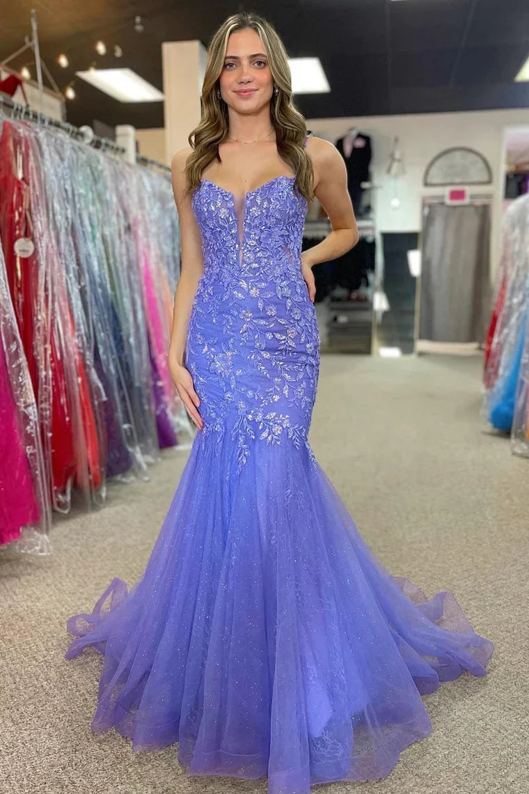 Sweetheart Spaghetti Straps Appliques Mermaid Party Prom Dress