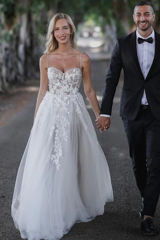 Sweetheart Spaghetti Straps Appliques Sheer Tulle A-Line Wedding Dress