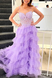 Sweetheart Spaghetti Straps Appliques Tulle A-Line Prom Dress