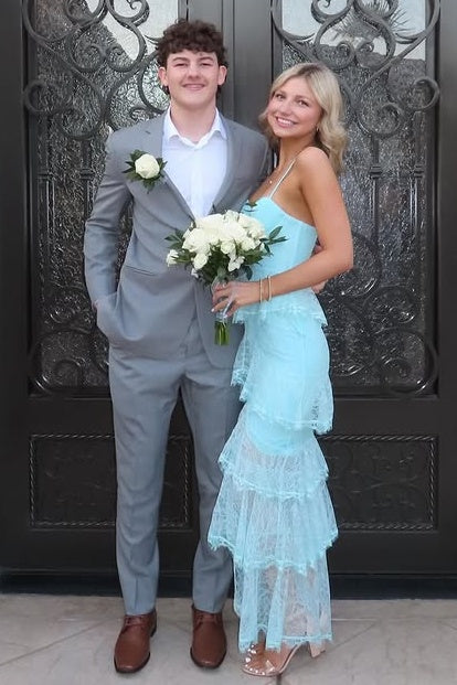 Sweetheart Spaghetti Straps Lace Ruffle Tiered Prom Party Dress