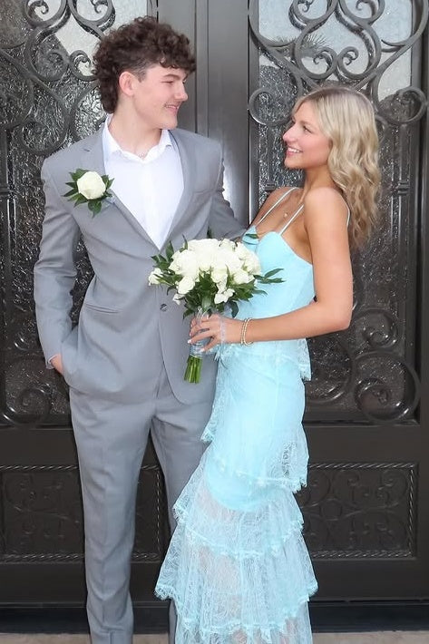 Sweetheart Spaghetti Straps Lace Ruffle Tiered Prom Party Dress