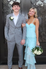 Sweetheart Spaghetti Straps Lace Ruffle Tiered Prom Party Dress