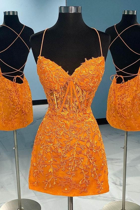 Sweetheart Spaghetti Straps Lace Up Lace Homecoming Dress