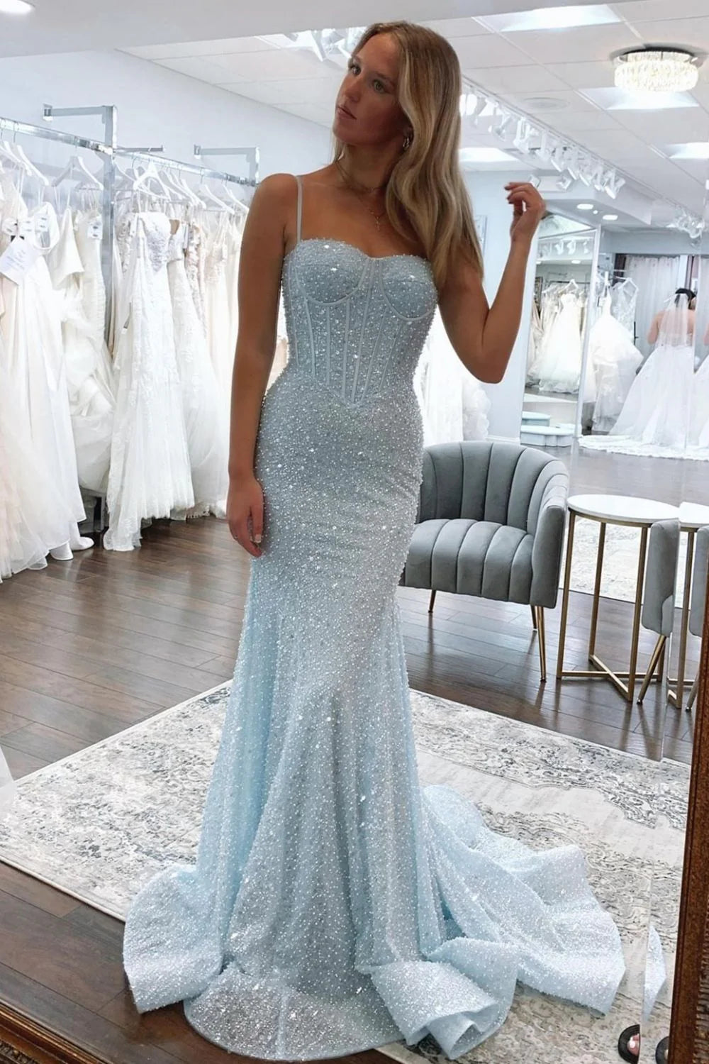 Sweetheart Spaghetti Straps Mermaid Sequins Party Prom Dress