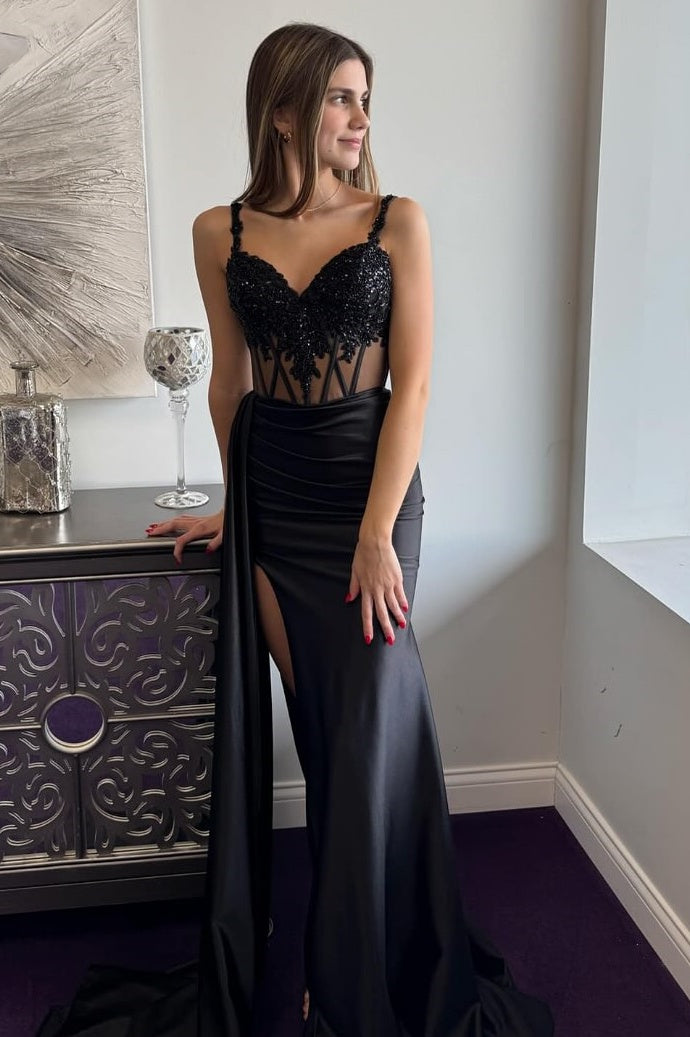 Sweetheart Spaghetti Straps Sheer Empire Party Prom Dress With Train