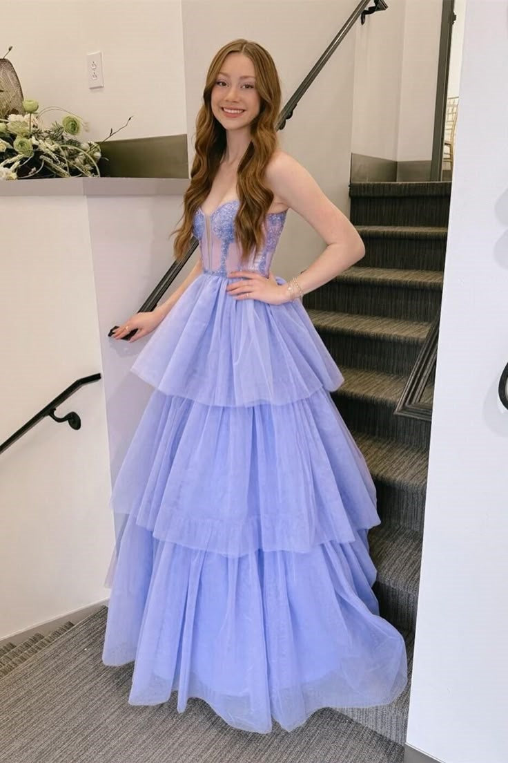 Sweetheart Spaghetti Straps Tulle A-Line Tiered Party Prom Dress